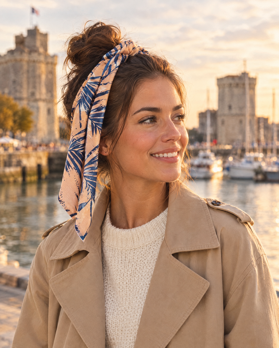 Bandeau à nouer – Feuille bleue porté