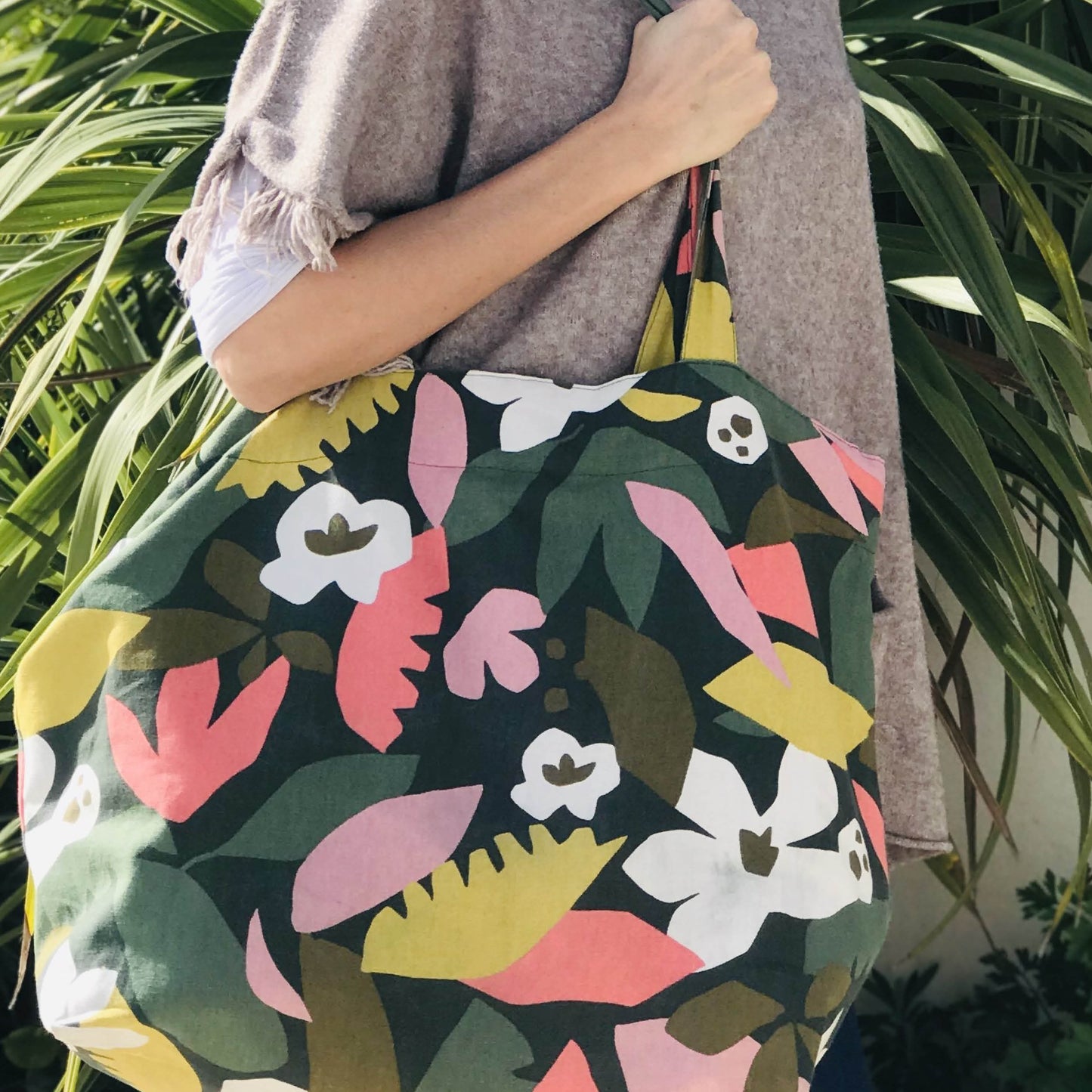 SAC CABAS - Feuilles roses