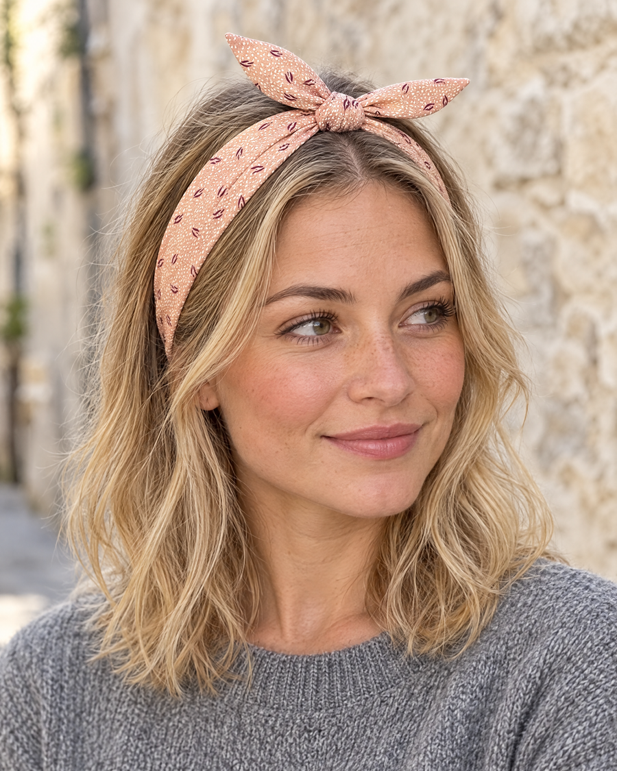 Bandeau à nouer – Beige à pois porté