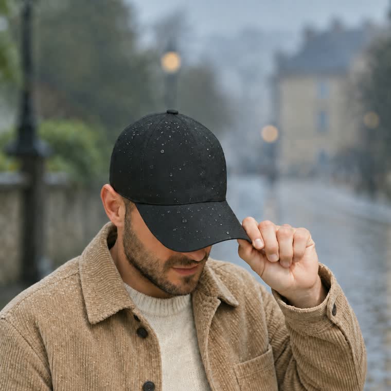 Casquette imperméable noire portée dans une rue sous la pluie
